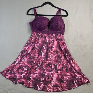 Womens Teddi Lingerie Purple Lace Wire Bra Sheer Floral Chemise Size 3X Romantic